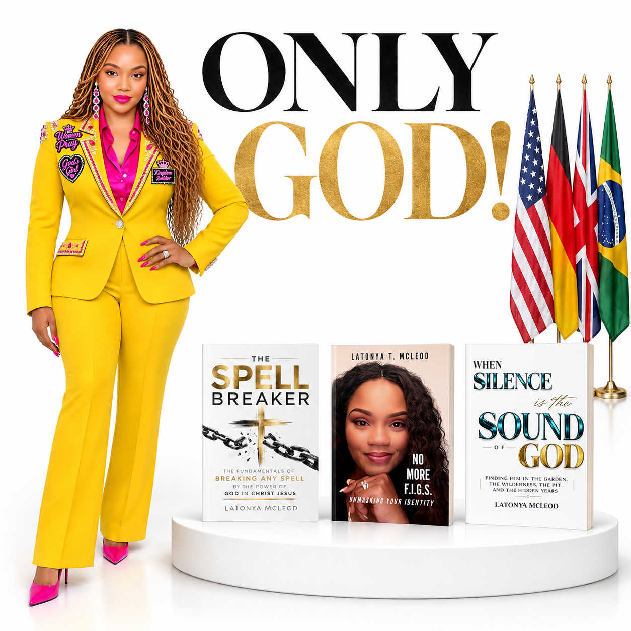 LaTonya McLeod with featured books and international flags